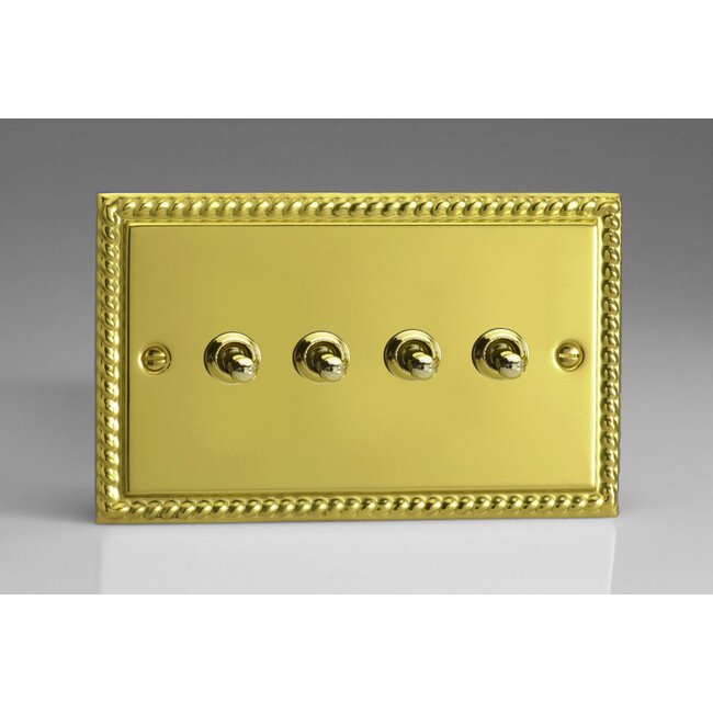 Varilight Classic 4-Gang 10A 1- or 2-Way Toggle Switch (Twin Plate) Decorative Georgian Brass Brass Toggles