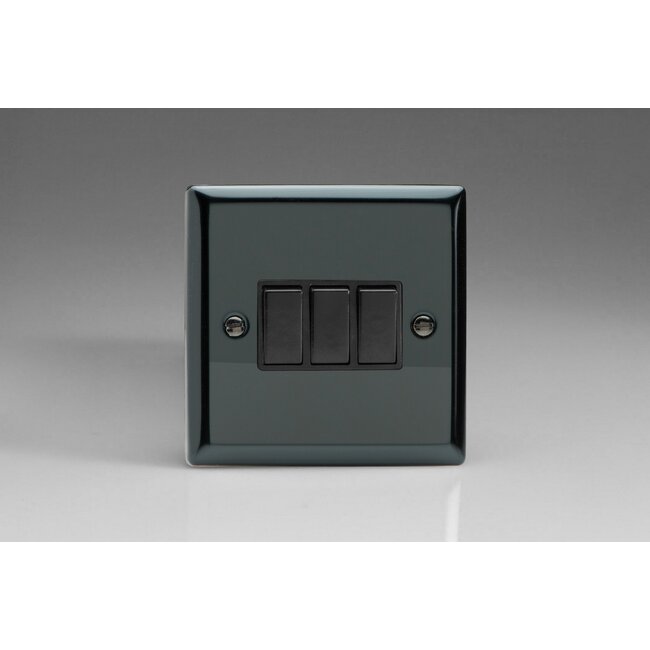 Varilight Classic 3-Gang 10A 1- or 2-Way Rocker Switch Black Iridium Black Rockers