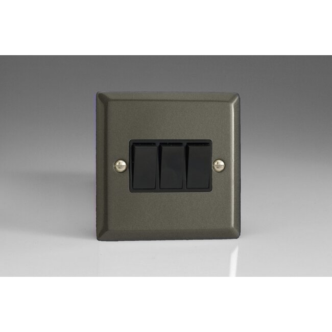 Varilight Classic 3-Gang 10A 1- or 2-Way Rocker Switch Black Graphite 21 Black Rockers