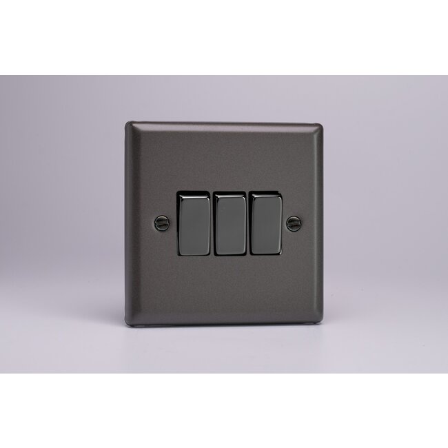 Varilight Classic 3-Gang 10A 1- or 2-Way Rocker Switch with Metal Rockers Iridium Graphite 21 Iridium