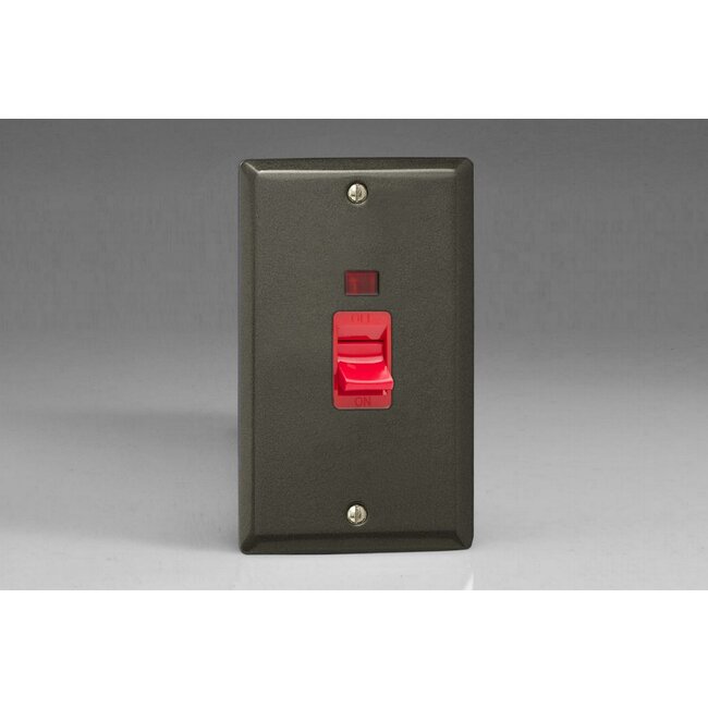 Varilight Classic 45A Cooker Switch + Neon (Vertical Twin Plate, Red Rocker) Red Graphite 21 Red Insert