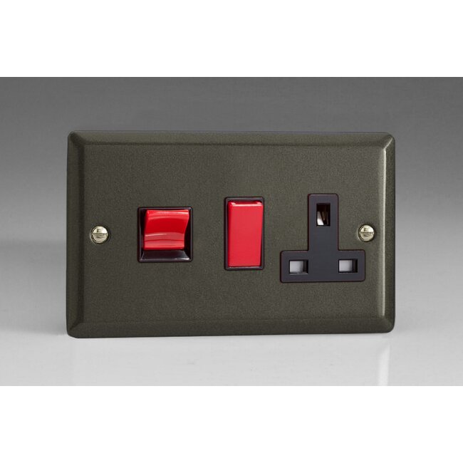 Varilight Classic 45A Cooker Panel with 13A Double Pole Switched Socket Outlet (Red Rocker) Black Graphite 21 Black/Red Inserts