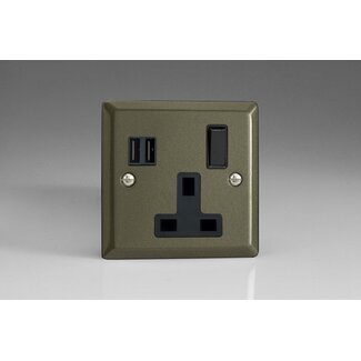 Varilight Classic 1-Gang 13A Single Pole Switched Socket + 2x5V DC 3400mA USB Charging Ports  Black Graphite 21 Black Inserts