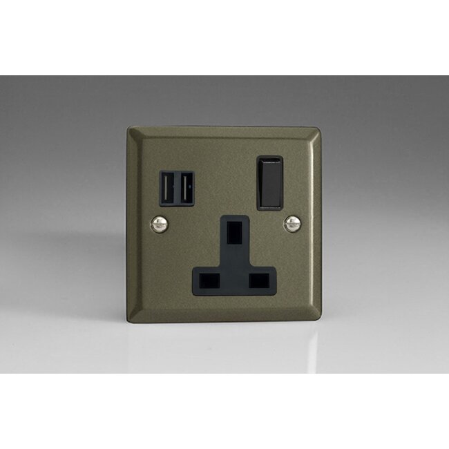Varilight Classic 1-Gang 13A Single Pole Switched Socket + 2x5V DC 3400mA USB Charging Ports  Black Graphite 21 Black Inserts