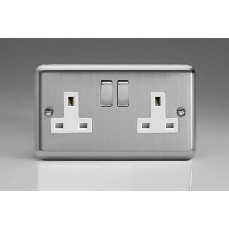 Varilight Classic 2-Gang 13A Double Pole Switched Socket with Metal Rockers White Matt Chrome Steel/White Inserts