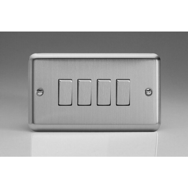 Varilight Classic 4-Gang 10A 1- or 2-Way Rocker Switch (Twin Plate) with Metal Rockers Decorative Matt Chrome Steel Rockers