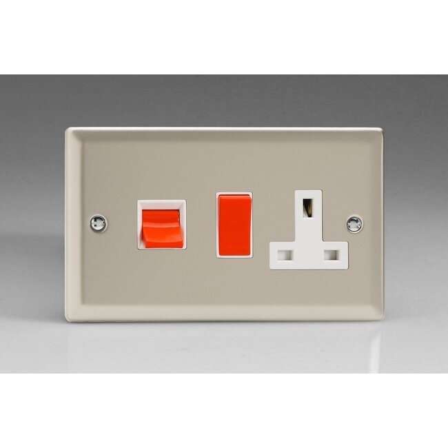 Varilight Classic 45A Cooker Panel with 13A Double Pole Switched Socket Outlet (Red Rocker) White Satin White/Red Inserts