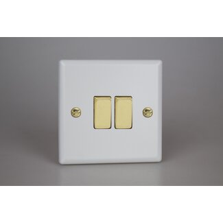 Varilight Vogue 2-Gang 10A 1- or 2-Way Rocker Switch with Metal Rockers Decorative Matt White Polished Brass