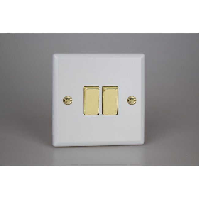 Varilight Vogue 2-Gang 10A 1- or 2-Way Rocker Switch with Metal Rockers Decorative Matt White Polished Brass