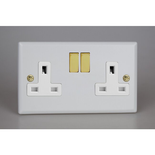 Varilight Vogue 2-Gang 13A Double Pole Switched Socket White Matt White Polished Brass