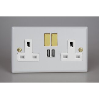 Varilight Vogue 2-Gang 13A Single Pole Switched Socket with Metal Rockers + 2x5V DC 2100mA USB Charging Ports  White Matt White Polished Brass