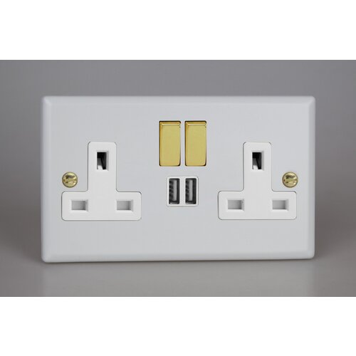 Varilight Vogue 2-Gang 13A Single Pole Switched Socket with Metal Rockers + 2x5V DC 2100mA USB Charging Ports White Matt White Polished Brass Varilight Vogue 2-Gang 13A Single Pole Switched Socket with Metal Rockers + 2x5V DC 2100mA USB Charging Ports White Matt White Polished Brass