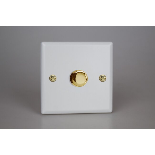 Varilight Vogue 1-Gang 2-Way Push-On/Off Rotary LED Dimmer 1 x 0-120W (1-10 LEDs) V-Pro Matt White Polished Brass