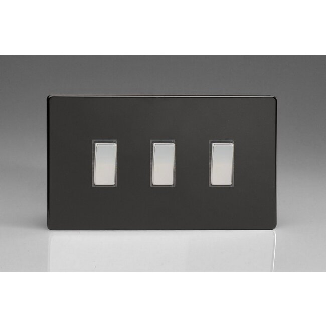 Varilight Screwless 3-Gang 10A 1- or 2-Way Rocker Switch (Twin Plate) Decorative Premium Black Chrome Rockers