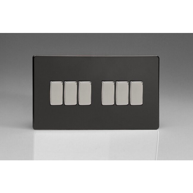 Varilight Screwless 6-Gang 10A 1- or 2-Way Rocker Switch (Twin Plate) Decorative Premium Black Chrome Rockers