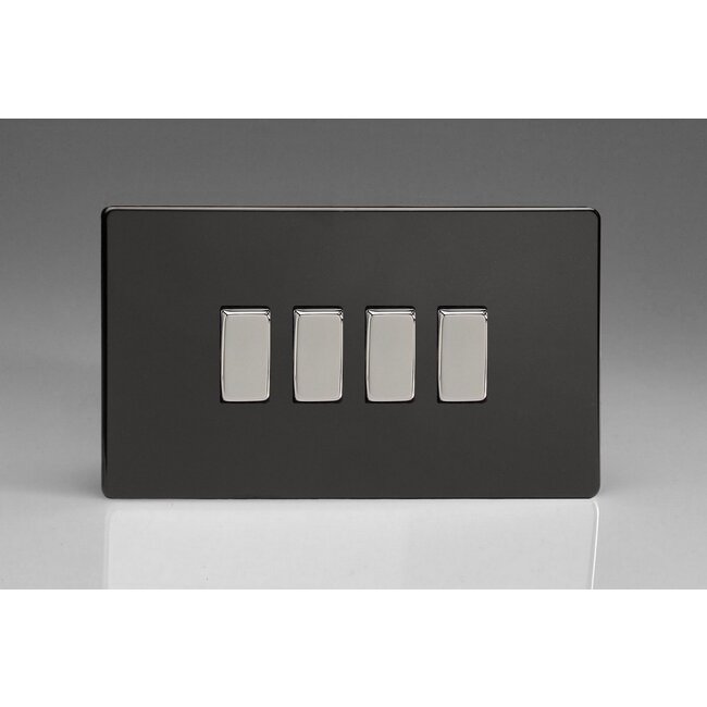 Varilight Screwless 4-Gang 10A 1- or 2-Way Rocker Switch (Twin Plate) Decorative Premium Black Chrome Rockers