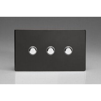 Varilight Screwless 3-Gang 6A 1-Way Push-to-Make Momentary Switch (Twin Plate) Decorative Premium Black Chrome Buttons