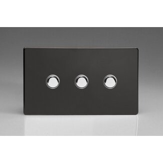 Varilight Screwless 3-Gang 6A 1- or 2-Way Push-On/Off Impulse Switch (Twin Plate) Decorative Premium Black Chrome Buttons