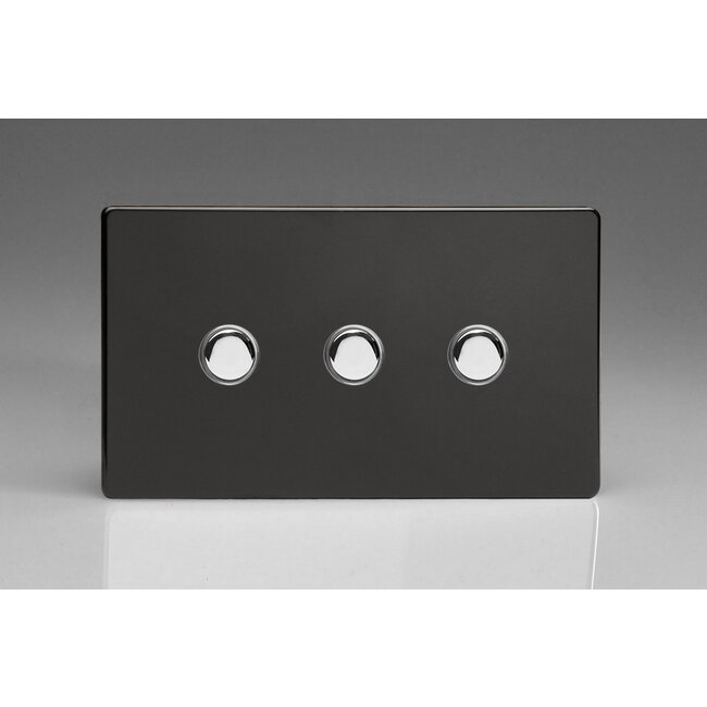 Varilight Screwless 3-Gang 6A 1- or 2-Way Push-On/Off Impulse Switch (Twin Plate) Decorative Premium Black Chrome Buttons