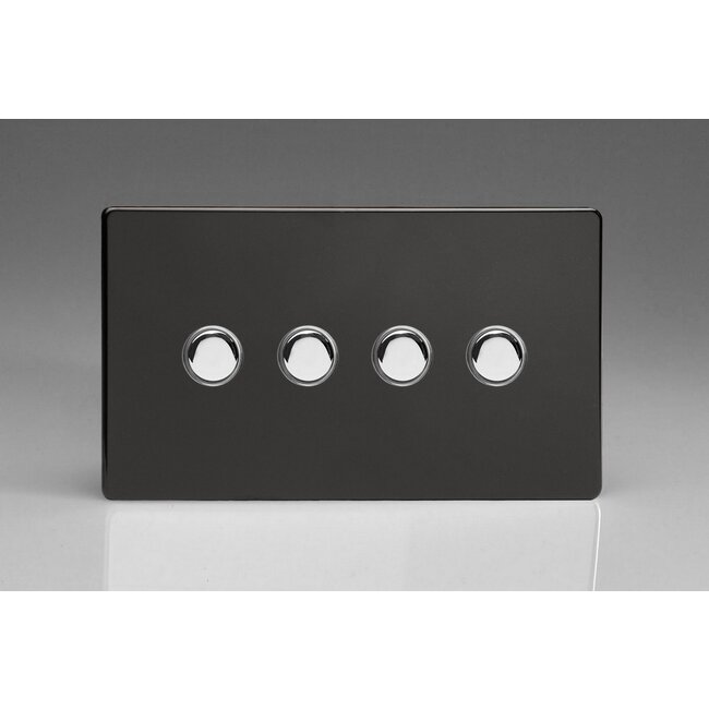 Varilight Screwless 4-Gang 6A 1- or 2-Way Push-On/Off Impulse Switch (Twin Plate) Decorative Premium Black Chrome Buttons