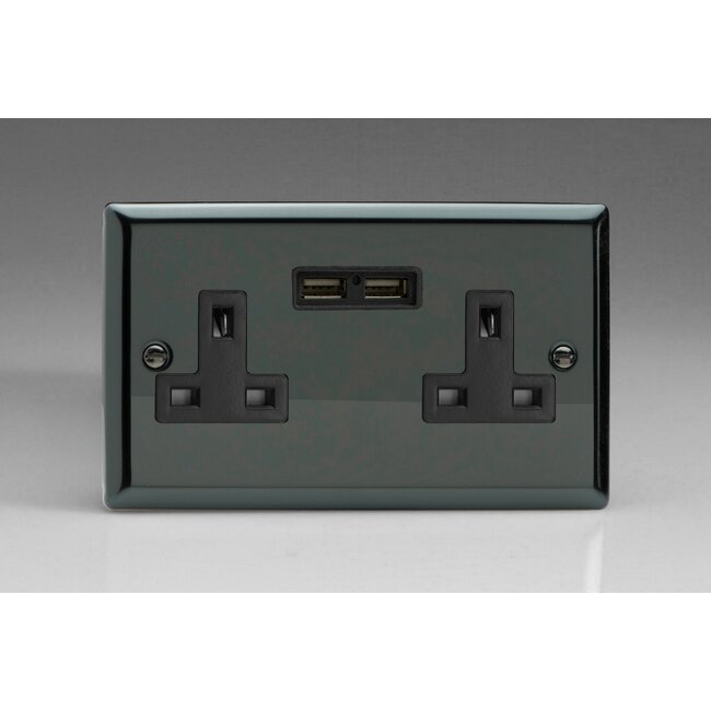Varilight Classic 2-Gang 13A Unswitched Socket + 2x5V DC 2100mA USB Charging Ports Black Iridium Black Inserts