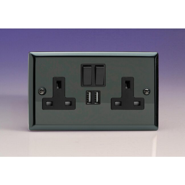 Varilight Classic 2-Gang 13A Single Pole Switched Socket + 2x5V DC 2100mA USB Charging Ports  Black Iridium Black Inserts
