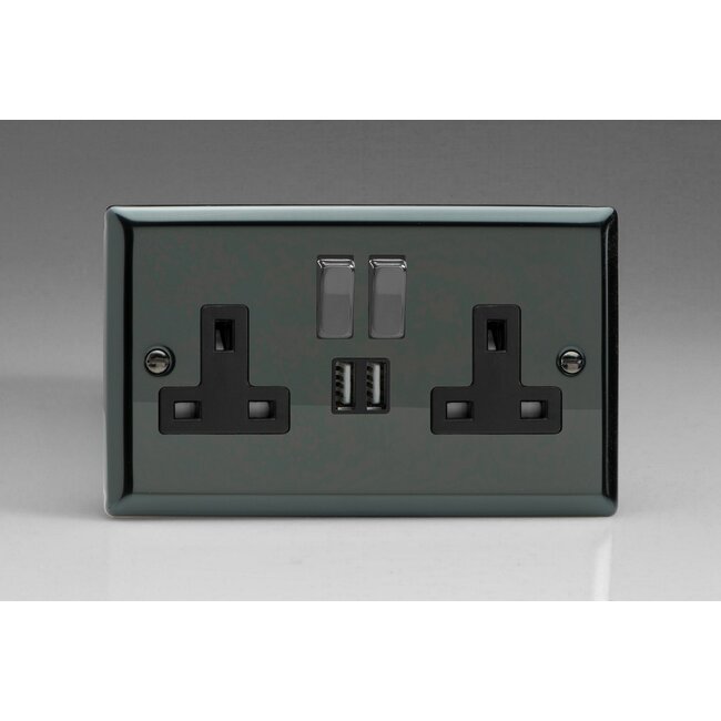 Varilight Classic 2-Gang 13A Single Pole Switched Socket with Metal Rockers + 2x5V DC 2100mA USB Charging Ports  Black Iridium Iridium/Black Inserts