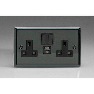 Varilight Classic 2-Gang 13A Single Pole Switched Socket with 1x USB A & 1x USB C Charging Ports Black Iridium Black Insert