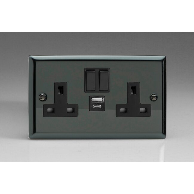 Varilight Classic 2-Gang 13A Single Pole Switched Socket with 1x USB A & 1x USB C Charging Ports Black Iridium Black Insert