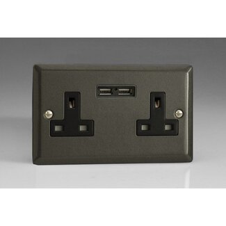 Varilight Classic 2-Gang 13A Unswitched Socket + 2x5V DC 2100mA USB Charging Ports Black Graphite 21 Black Inserts