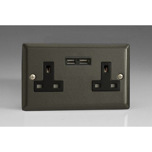 Varilight Classic 2-Gang 13A Unswitched Socket + 2x5V DC 2100mA USB Charging Ports Black Graphite 21 Black Inserts