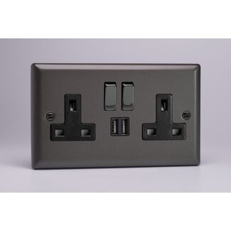 Varilight Classic 2-Gang 13A Single Pole Switched Socket with Metal Rockers + 2 5V DC 2100mA USB Charging Ports  Black/Iridium Graphite 21 Black/Iridium