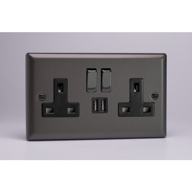 Varilight Classic 2-Gang 13A Single Pole Switched Socket with Metal Rockers + 2 5V DC 2100mA USB Charging Ports  Black/Iridium Graphite 21 Black/Iridium