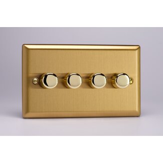 Varilight Classic 4-Gang 2-Way Push-On/Off Rotary LED Dimmer 4 x 0-120W (1-10 LEDs) (Twin Plate) V-Pro Brushed Brass Brass Knobs