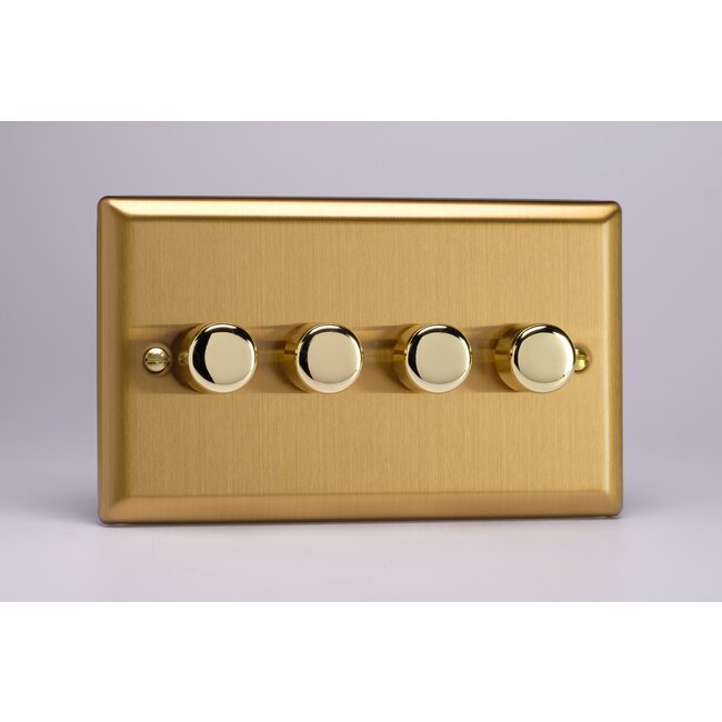 Varilight Classic 4-Gang 2-Way Push-On/Off Rotary LED Dimmer 4 x 0-120W (1-10 LEDs) (Twin Plate) V-Pro Brushed Brass Brass Knobs