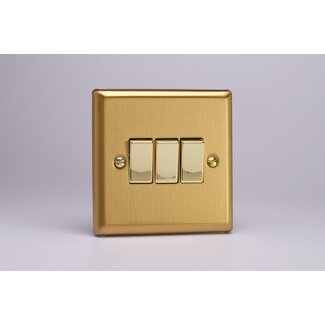 Varilight Classic 3-Gang 10A 1- or 2-Way Rocker Switch with Metal Rockers Decorative Brushed Brass Brass Rockers