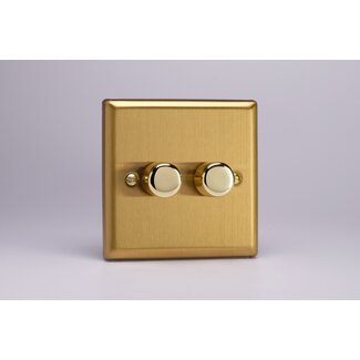 Varilight Classic 2-Gang 2-Way Push-On/Off Rotary LED Dimmer 2 x 0-120W (1-10 LEDs) V-Pro Brushed Brass Brass Knobs