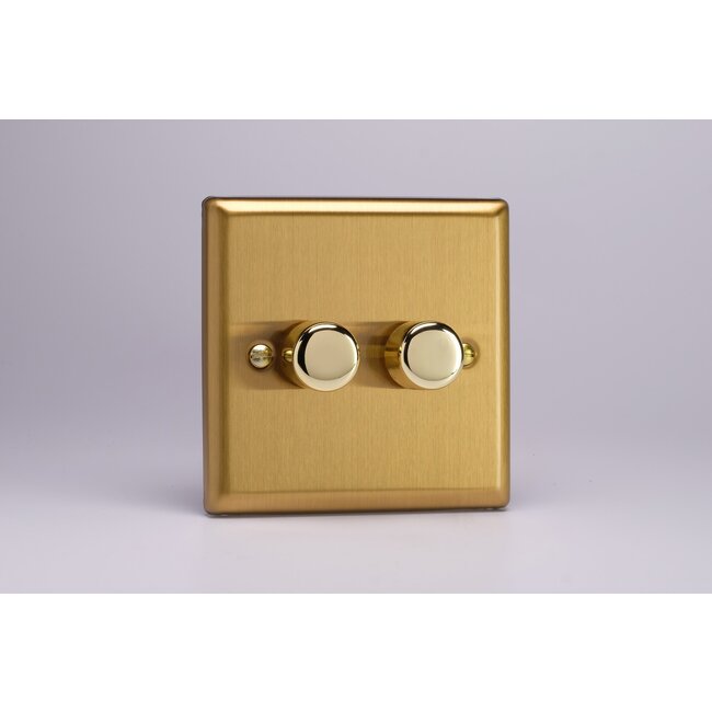 Varilight Classic 2-Gang 2-Way Push-On/Off Rotary LED Dimmer 2 x 0-120W (1-10 LEDs) V-Pro Brushed Brass Brass Knobs