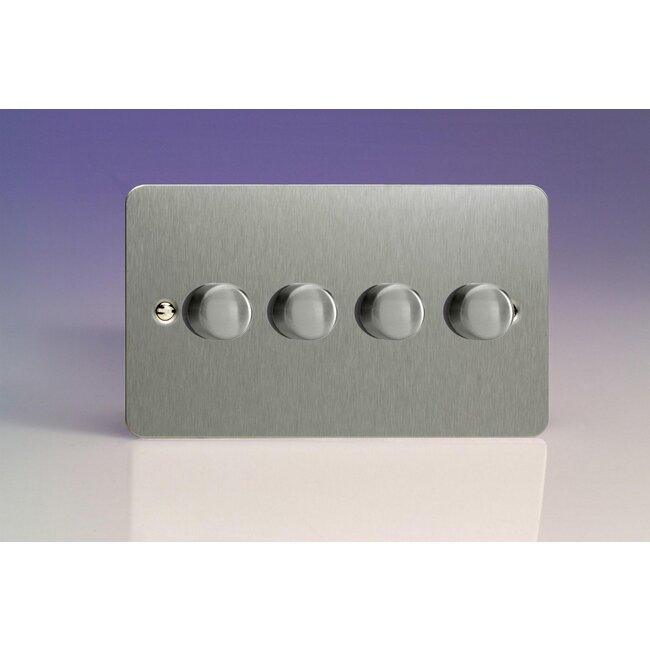 Varilight Ultraflat 4-Gang 2-Way Push-On/Off Rotary LED Dimmer 4 x 0-120W (1-10 LEDs) (Twin Plate) V-Pro Brushed Steel Steel Knobs