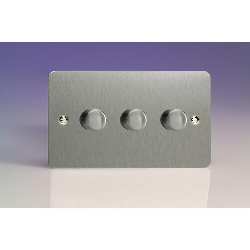 Varilight Ultraflat 3-Gang 2-Way Push-On/Off Rotary LED Dimmer 3 x 0-120W (1-10 LEDs) (Twin Plate) V-Pro Brushed Steel Steel Knobs Varilight Ultraflat 3-Gang 2-Way Push-On/Off Rotary LED Dimmer 3 x 0-120W (1-10 LEDs) (Twin Plate) V-Pro Brushed Steel Steel Knobs