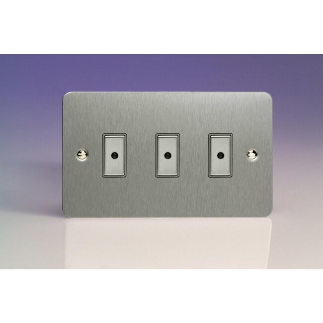 Varilight Ultraflat 3-Gang 1-Way V-Pro Multi-Point Remote/Tactile Touch Control Master LED Dimmer 3 x 0-100W (1-10 LEDs) (Twin Plate) V-Pro Multi-Point Remote (formerly Eclique2) Brushed Steel Steel Buttons
