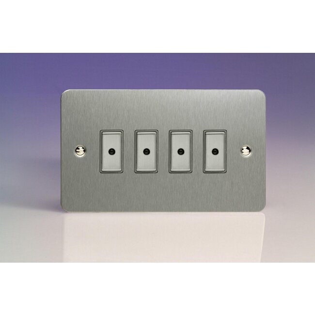 Varilight Ultraflat 4-Gang 1-Way V-Pro Multi-Point Remote/Tactile Touch Control Master LED Dimmer 4 x 0-100W (1-10 LEDs) (Twin Plate) V-Pro Multi-Point Remote (formerly Eclique2) Brushed Steel Steel Buttons