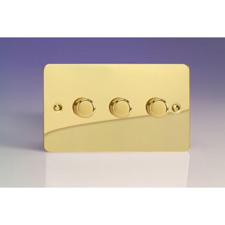 Varilight Ultraflat 3-Gang 2-Way Push-On/Off Rotary LED Dimmer 3 x 0-120W (1-10 LEDs) (Twin Plate) V-Pro Polished Brass Brass Knobs