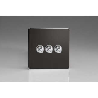Varilight Screwless 3-Gang 10A 1- or 2-Way Toggle Switch Decorative Premium Black Chrome Toggles