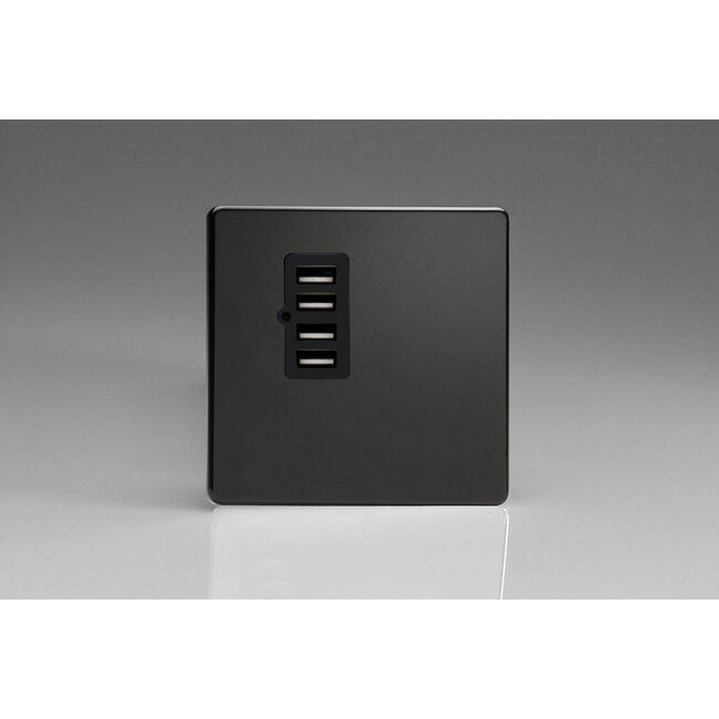 Varilight Screwless 4 Gang 5V DC 4800mA USB Charging Port (Single Plate) Black Premium Black Black Insert