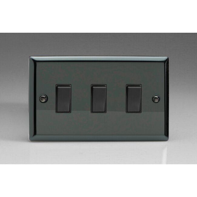 Varilight Classic 3-Gang 10A 1- or 2-Way Rocker Switch (Twin Plate) Black Iridium Black Rockers