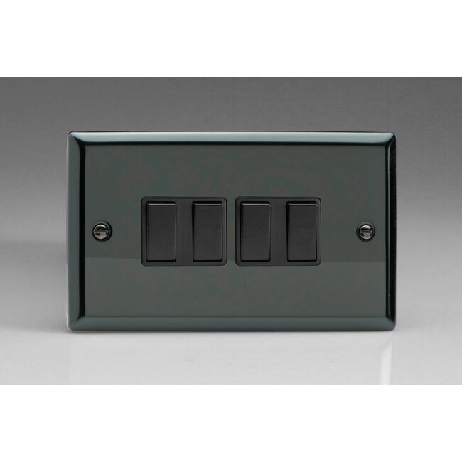 Varilight Classic 4-Gang 10A 1- or 2-Way Rocker Switch (Twin Plate) Black Iridium Black Rockers