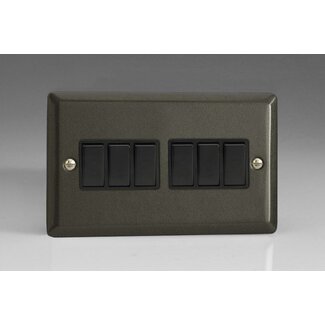 Varilight Classic 6-Gang 10A 1- or 2-Way Rocker Switch (Twin Plate) Black Graphite 21 Black Rockers