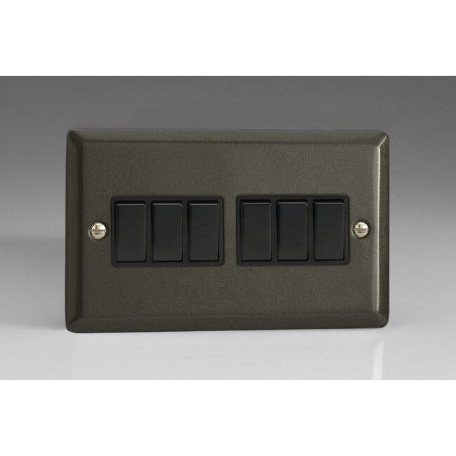 Varilight Classic 6-Gang 10A 1- or 2-Way Rocker Switch (Twin Plate) Black Graphite 21 Black Rockers