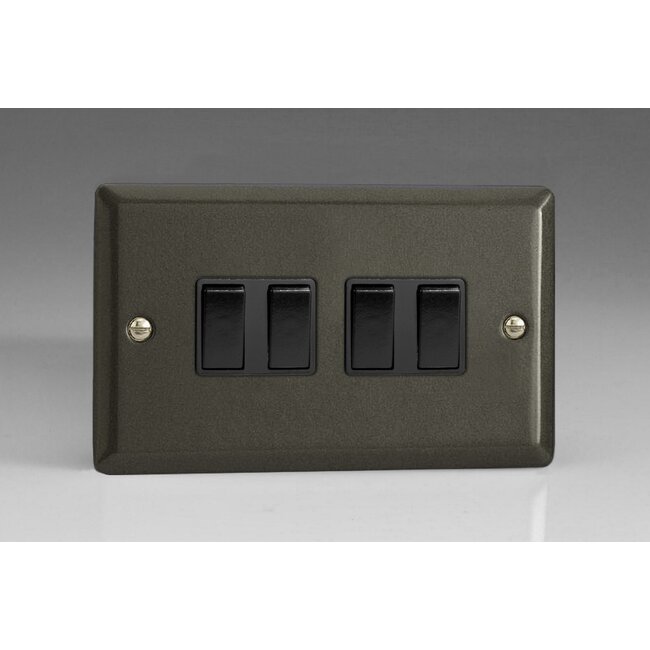 Varilight Classic 4-Gang 10A 1- or 2-Way Rocker Switch (Twin Plate) Black Graphite 21 Black Rockers